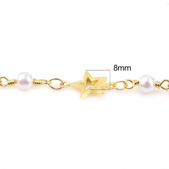 Picture of Brass & Acrylic Imitation Pearl Link Chain Findings Round Pentagram Star Gold Plated White 8mm, 1 M                                                                                                                                                           