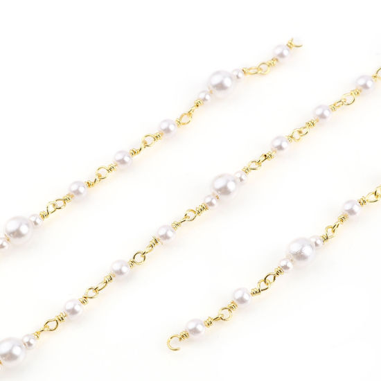 Image de en Laiton & Acrylique Imitation Perles Chaînes Rond Doré Blanc 6mm, 1 M                                                                                                                                                                                       