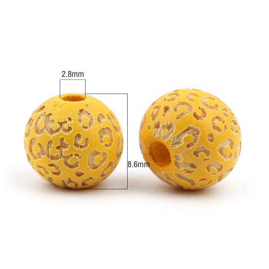 Picture of Natural Wood Spacer Beads Round Yellow Leopard Print About 10mm Dia., Hole: Approx 2.8mm, 20 PCs