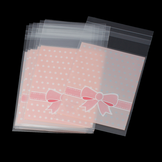 食品用紙袋 ABS 長方形 ピンク ちょう結び 13.2cm x 8cm（使用可能なスペース：10x8cm）、 1 パック（100個/パック） の画像