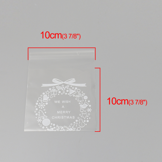 Picture of Plastic Food Safe Candy Cookie Bags White Christmas Garland Pattern Transparent (Usable Space: 10x10cm) 13.2cm(5 2/8") x 10cm(3 7/8"), 1 Packet(Approx 100 PCs/Packet)