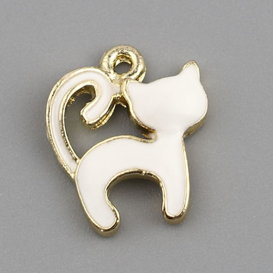 Imagen de Zamak Colgantes Charms Gato Chapado en Oro Blanco Esmalte 15mm x 13mm, 10 Unidades