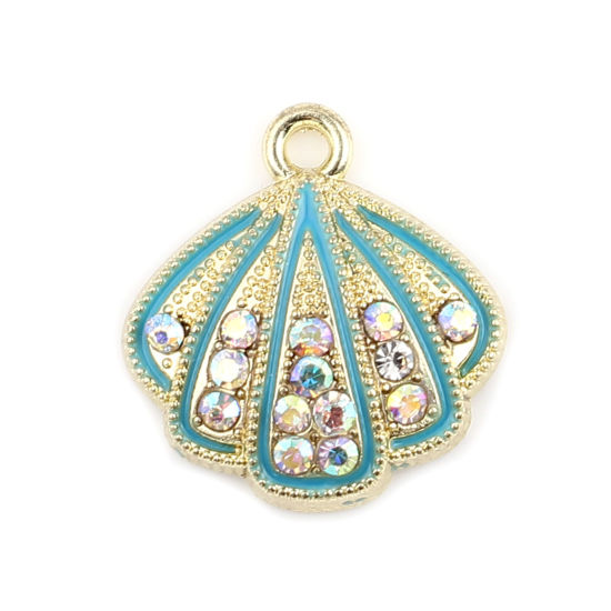 Bild von Zinklegierung Charms Jakobsmuschel Vergoldet Blau Bunt Strass 18mm x 17mm, 5 Stück