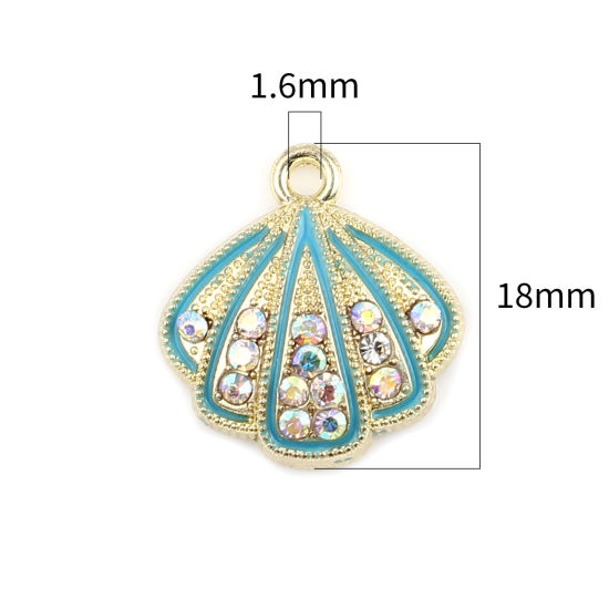 Bild von Zinklegierung Charms Jakobsmuschel Vergoldet Blau Bunt Strass 18mm x 17mm, 5 Stück