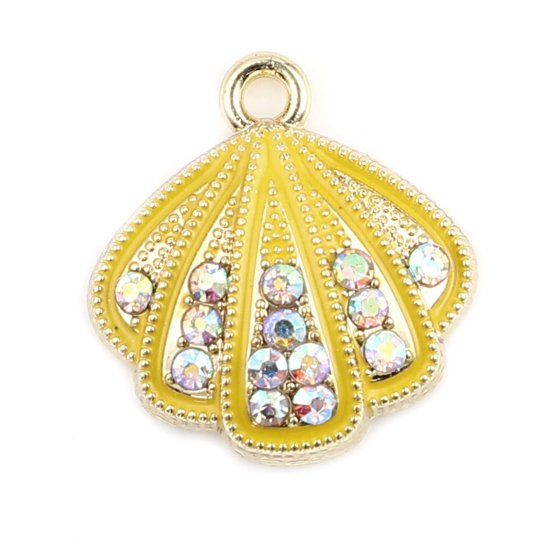 Bild von Zinklegierung Charms Jakobsmuschel Vergoldet Ingwerfarben Bunt Strass 18mm x 17mm, 5 Stück