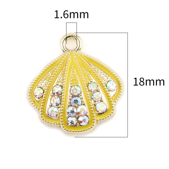 Bild von Zinklegierung Charms Jakobsmuschel Vergoldet Ingwerfarben Bunt Strass 18mm x 17mm, 5 Stück