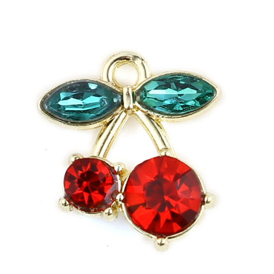 Immagine di Lega di Zinca + Acrilato Charms Ciliegia Oro Placcato Rosso & Verde 16mm x 14mm , 10 Pz