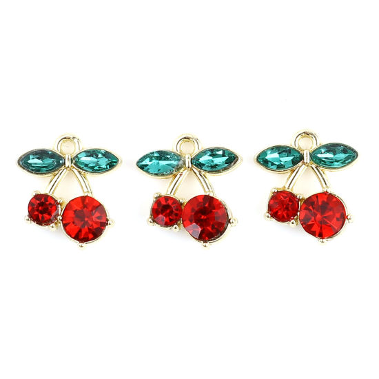Immagine di Lega di Zinca + Acrilato Charms Ciliegia Oro Placcato Rosso & Verde 16mm x 14mm , 10 Pz
