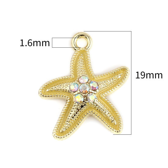 Immagine di Lega di Zinco Gioielli Oceanici Charms Stella di Mare Oro Placcato Colore di Zenzero Multicolore Strass 19mm x 17mm , 10 Pz