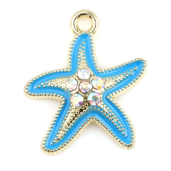 Immagine di Lega di Zinco Gioielli Oceanici Charms Stella di Mare Oro Placcato Blu Multicolore Strass 19mm x 17mm , 10 Pz