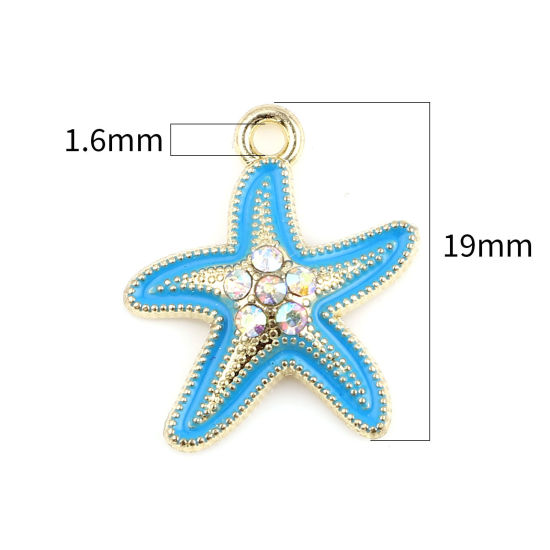 Immagine di Lega di Zinco Gioielli Oceanici Charms Stella di Mare Oro Placcato Blu Multicolore Strass 19mm x 17mm , 10 Pz