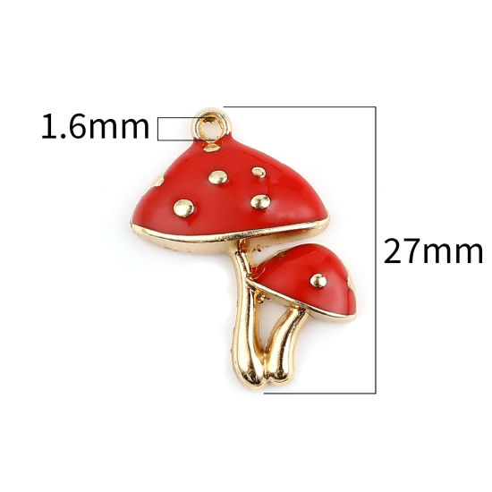 Immagine di Lega di Zinco Charms Fungo Oro Placcato Rosso Smalto 27mm x 20mm , 10 Pz