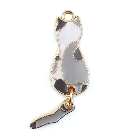 Picture of Zinc Based Alloy Pendants Cat Animal Gold Plated White & Gray Enamel 35mm x 10mm, 10 PCs