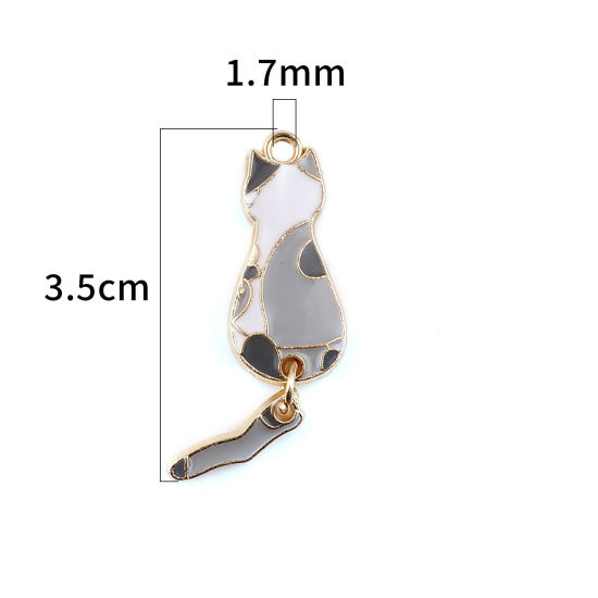 Picture of Zinc Based Alloy Pendants Cat Animal Gold Plated White & Gray Enamel 35mm x 10mm, 10 PCs