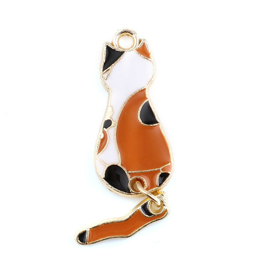 Picture of Zinc Based Alloy Pendants Cat Animal Gold Plated Orange Enamel 35mm x 10mm, 10 PCs