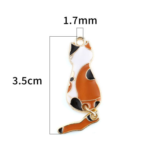 Picture of Zinc Based Alloy Pendants Cat Animal Gold Plated Orange Enamel 35mm x 10mm, 10 PCs