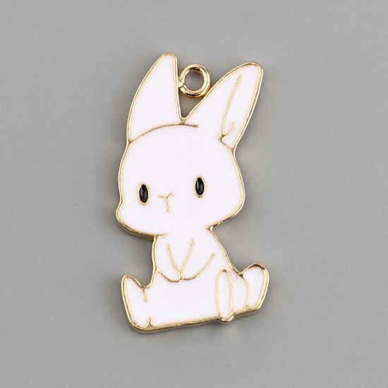 Immagine di Lega di Zinco Ciondoli Coniglio Oro Placcato Bianco Smalto 31mm x 16mm , 10 Pz