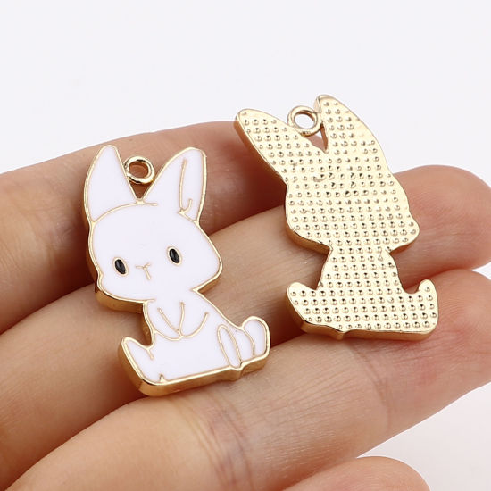 Immagine di Lega di Zinco Ciondoli Coniglio Oro Placcato Bianco Smalto 31mm x 16mm , 10 Pz