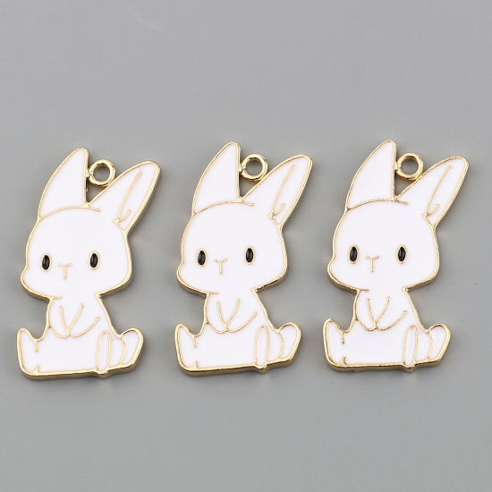 Immagine di Lega di Zinco Ciondoli Coniglio Oro Placcato Bianco Smalto 31mm x 16mm , 10 Pz