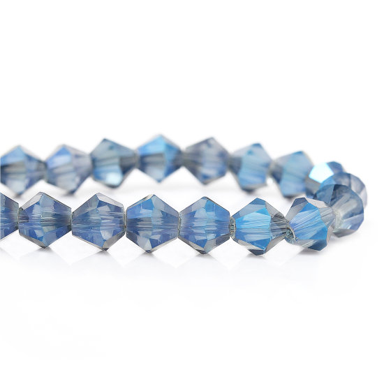 Image de Perles en Verre Forme Bicône Bleu à facettes Transparent, 4mm x 4mm, Tailles de Trous: 1mm, 2 Enfilades ( 46.8cm Long/Enfliade, Environ 119PCs/Enfilade )