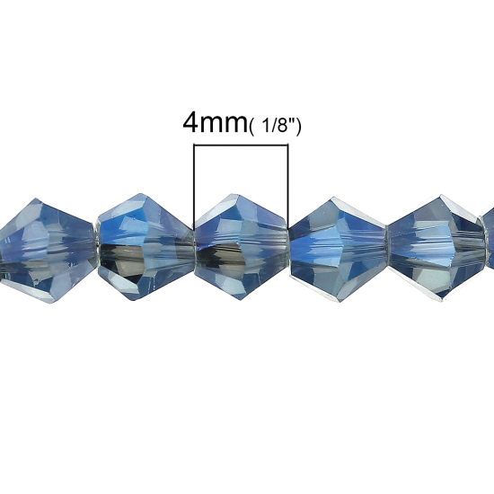 Picture of Glass Loose Beads Bicone Blue Transparent Faceted About 4mm x 4mm, Hole: Approx 1mm, 46.8cm long, 2 Strands (Approx 119 PCs/Strand)
