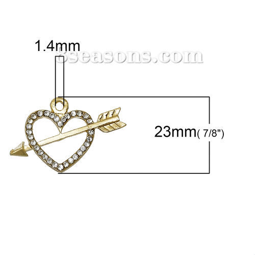 Picture of Zinc Metal Alloy Charms Arrow Through Heart Gold Plated Clear Rhinestone Hollow 23mm( 7/8") x 15mm( 5/8"), 5 PCs