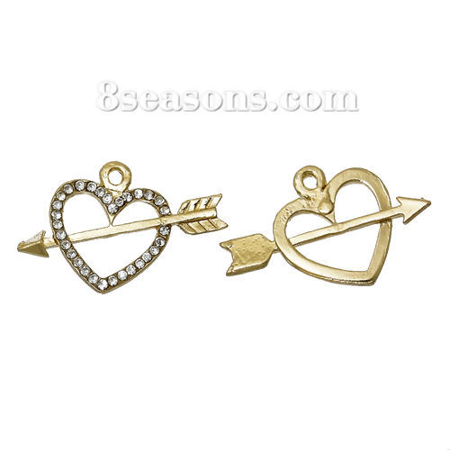 Picture of Zinc Metal Alloy Charms Arrow Through Heart Gold Plated Clear Rhinestone Hollow 23mm( 7/8") x 15mm( 5/8"), 5 PCs