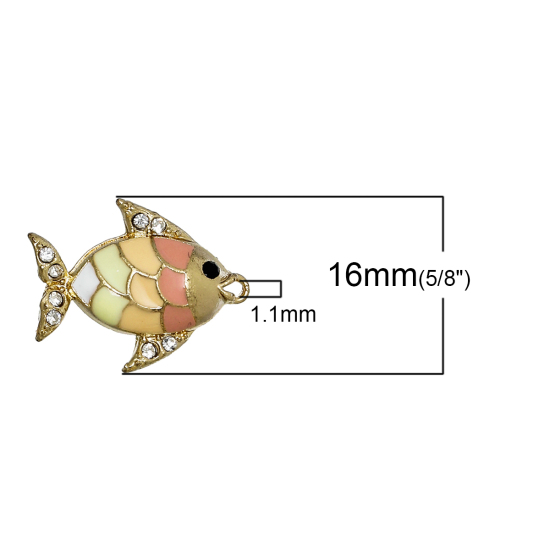 Immagine di Lega di Zinco Strass Charm Ciondoli Pesce Animale Oro Placcato Multicolore Trasparente Strass Smalto 20mm x 16mm , 5 Pz