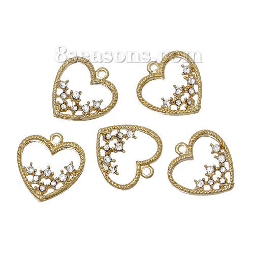 Picture of Zinc Metal Alloy Charms Heart Gold Plated Clear Rhinestone Hollow 19mm( 6/8") x 18mm( 6/8"), 10 PCs