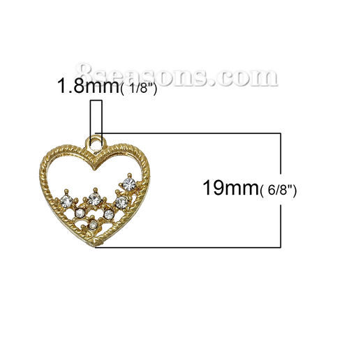 Picture of Zinc Metal Alloy Charms Heart Gold Plated Clear Rhinestone Hollow 19mm( 6/8") x 18mm( 6/8"), 10 PCs