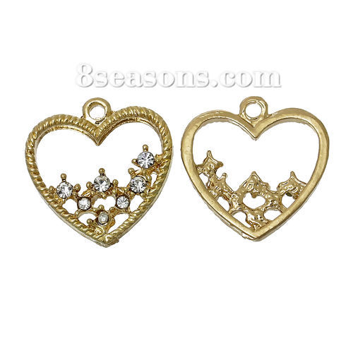 Picture of Zinc Metal Alloy Charms Heart Gold Plated Clear Rhinestone Hollow 19mm( 6/8") x 18mm( 6/8"), 10 PCs