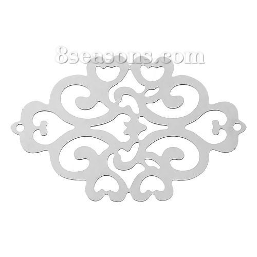 Picture of 304 Stainless Steel Filigree Stamping Connectors Findings Rhombus Silver Tone Heart Pattern Hollow 49mm(1 7/8") x 33mm(1 2/8"), 10 PCs