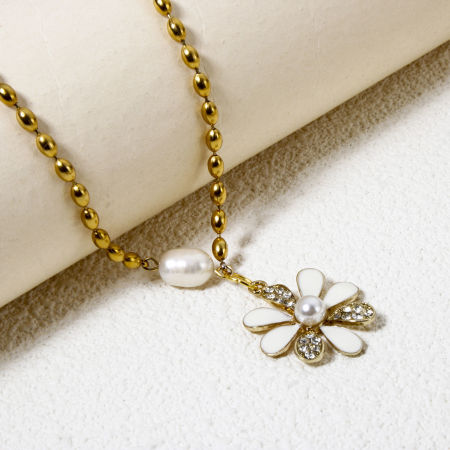 Цинковый Сплав Подвески Цветы KC Позолоченный Белый Прозрачный Страз С Исскуственными Жемчугами 24мм x 24мм, 1 ШТ