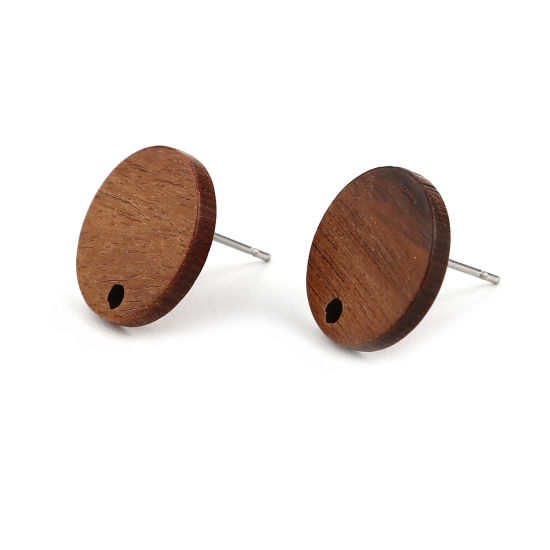 Immagine di Legno Orecchini a Perno Tappi di Orecchini Tondo Caffè Scuro W/ Loop 15mm Dia, Diametro Filo: (21 misura), 10 Pz
