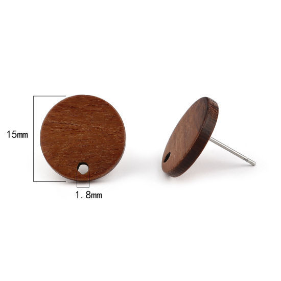 Immagine di Legno Orecchini a Perno Tappi di Orecchini Tondo Caffè Scuro W/ Loop 15mm Dia, Diametro Filo: (21 misura), 10 Pz
