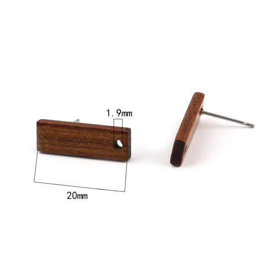 Immagine di Legno Orecchini a Perno Tappi di Orecchini Rettangolo Caffè Scuro W/ Loop 20mm x 7mm, Diametro Filo: (21 misura), 10 Pz