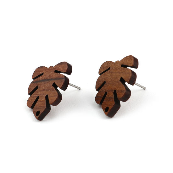 Immagine di Legno Orecchini a Perno Tappi di Orecchini Monstera Caffè Scuro W/ Loop 20mm x 18mm, Diametro Filo: (21 misura), 10 Pz