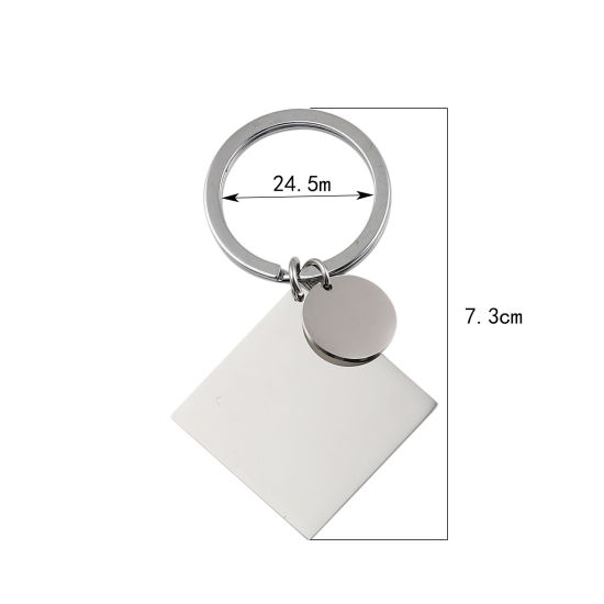 Picture of Stainless Steel Blank Stamping Tags Keychain & Keyring Silver Tone Rhombus Round Mirror Polishing 73mm, 1 Piece