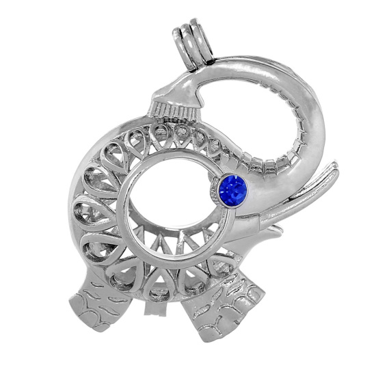 Picture of Copper Mexican Angel Caller Bola Harmony Ball Wish Box Pendants Elephant Animal Silver Tone Royal Blue Rhinestone Hollow Can Open (Fit Bead Size: 18mm) 45mm(1 6/8") x 38mm(1 4/8"), 1 Piece