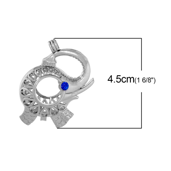 Image de Pendentifs Harmony Ball Ange Balle en Laiton+Strass Eléphant Argent Mat avec Strass Saphir Creux (Taille de Perle Compatible: 18mm) 45mm x 38mm, 1 Pièce