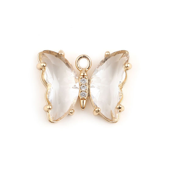 Imagen de Aleación de metal de Zinc + Acrílico Insecto Colgantes Charms Mariposa Chapado en Oro Blanco Transparente Rhinestone 20mm x 15mm, 2 Unidades