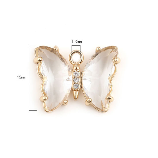 Imagen de Aleación de metal de Zinc + Acrílico Insecto Colgantes Charms Mariposa Chapado en Oro Blanco Transparente Rhinestone 20mm x 15mm, 2 Unidades