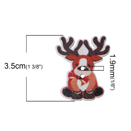 Immagine di Legno Bottone da Cucire ScrapbookBottone Renna di Natale Multicolore Due Fori 35mm x 29mm, 50 Pz