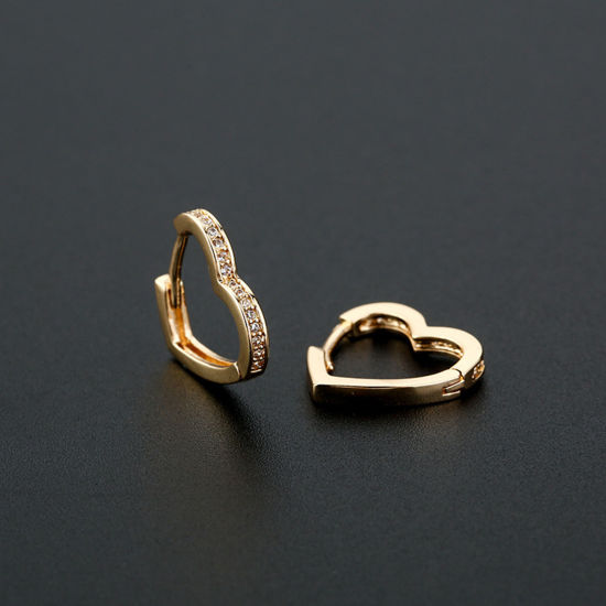 Picture of Brass Hoop Earrings Gold Plated Heart Clear Rhinestone 14mm, 1 Pair                                                                                                                                                                                           
