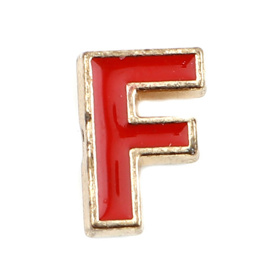 Immagine di Lega di Zinco Perline Lettera Rosso Lettere " F " Smalto Circa 10mm x 7mm, Foro:Circa 1.5mm, 10 Pz