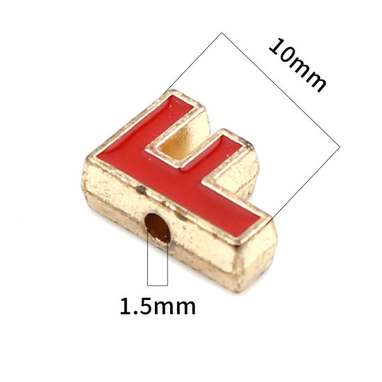 Immagine di Lega di Zinco Perline Lettera Rosso Lettere " F " Smalto Circa 10mm x 7mm, Foro:Circa 1.5mm, 10 Pz