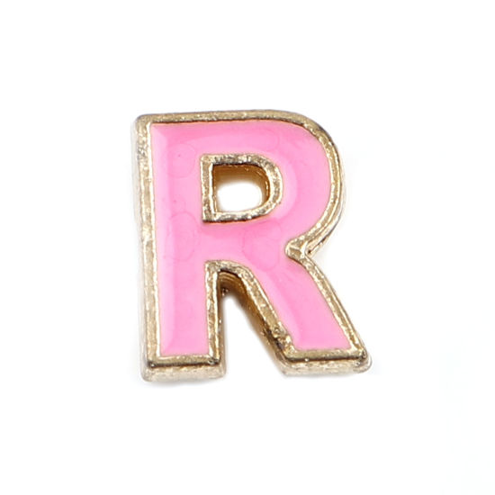 Immagine di Lega di Zinco Perline Lettera Rosa Lettere " R " Smalto Circa 10mm x 8mm, Foro:Circa 1.5mm, 10 Pz