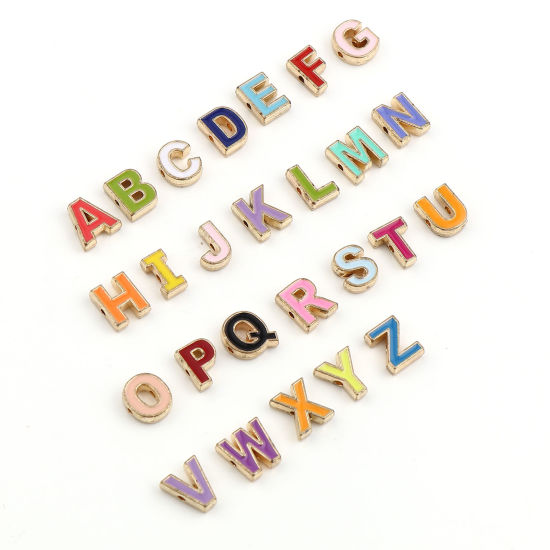 Immagine di Lega di Zinco Perline Lettera Colore Misto Smalto Circa 10mm x 10mm, Foro:Circa 1.5mm, 1 Serie