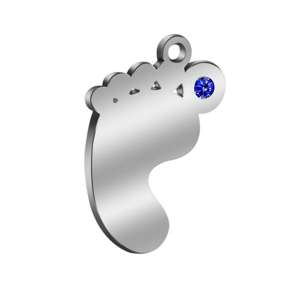 304ステンレス鋼 誕生石 チャーム 足 シルバートーン 九月 紺碧 ラインストーン 21mm x 14mm、 1 個 の画像