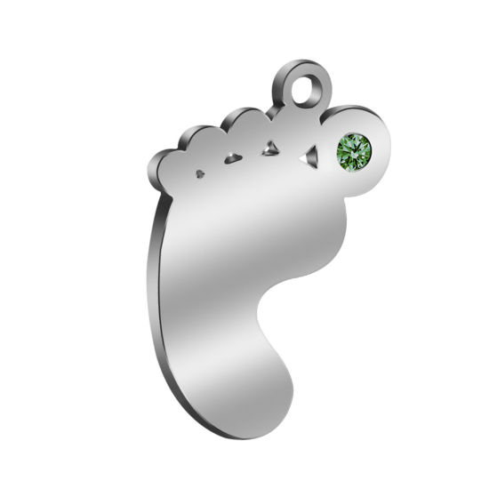 304ステンレス鋼 誕生石 チャーム 足 シルバートーン 八月 青磁色 ラインストーン 21mm x 14mm、 1 個 の画像
